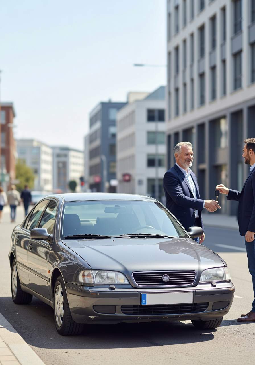 Team in Ascheberg, ein erfahrener Fahrzeugexperte aus Ascheberg nimmt das Fahrzeug eines zufriedenen Kunden ab. Seitlich steht der Wagen neben beiden.